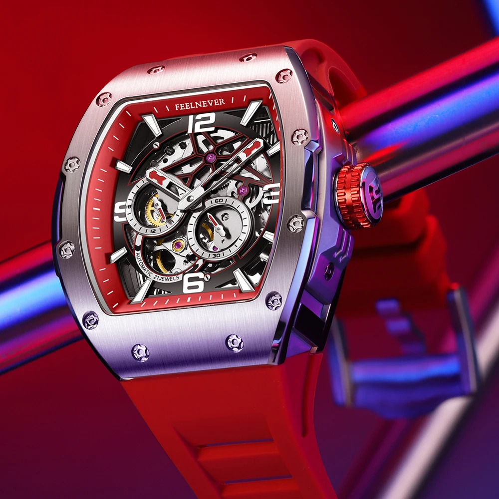 FeelNever Men Watch Brand Tonneau Automatic Mechanical Luminous Original Hollowing Out Movement Sapphire Independent Second Dial view 6