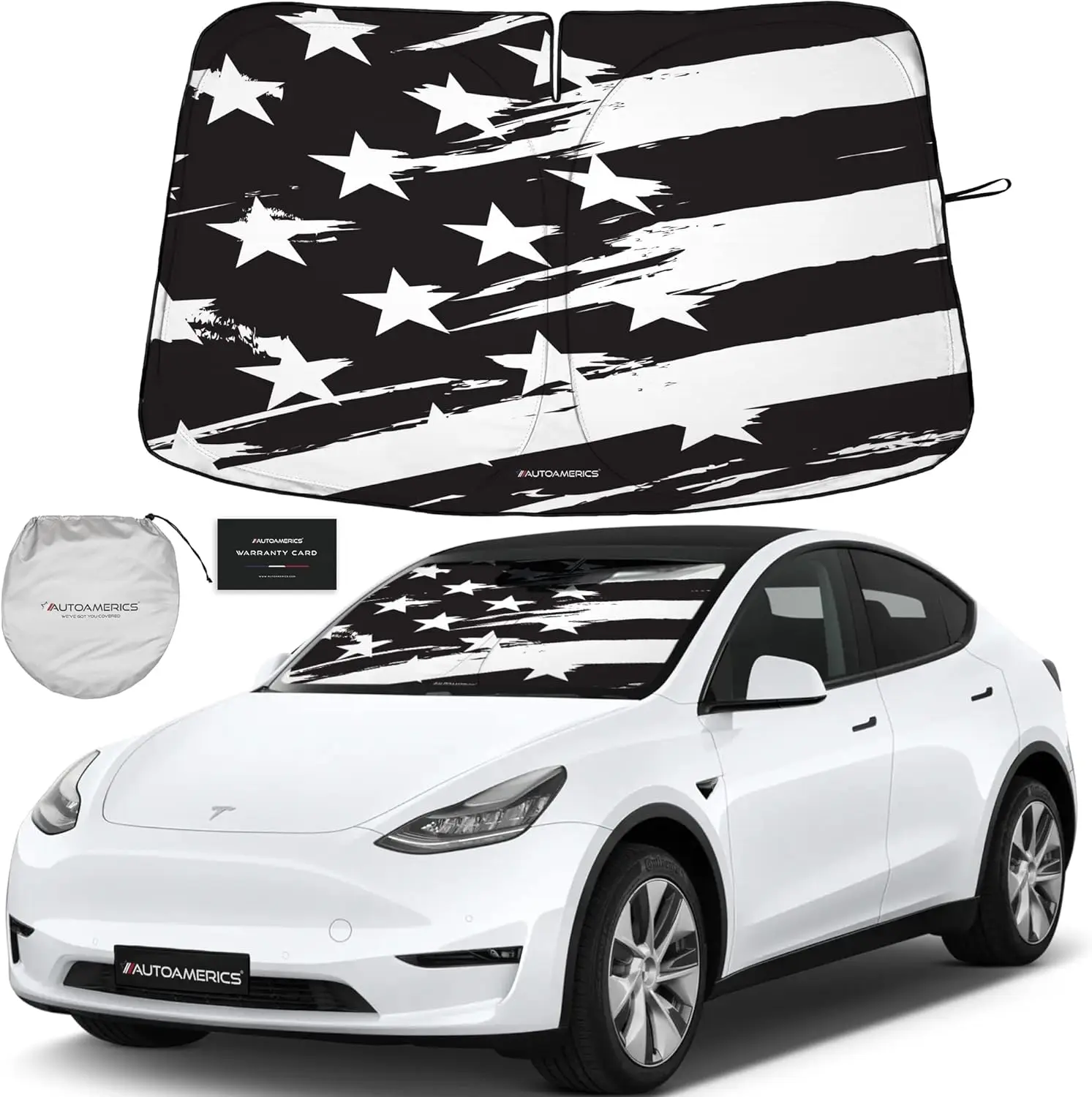 Autoamerics 1-Piece Tesla Model Y Sunshade & Tesla Model 3 Sunshade USA B&W Art Flag - Special Design for Model Y &