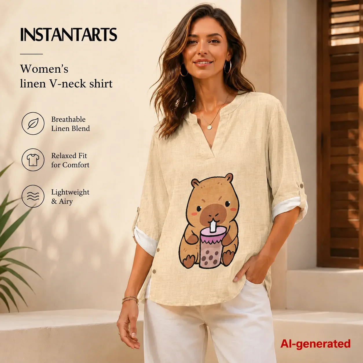 INSTANTARTS Female Clothing Women's Linen V-Neck Shirt Long Sleeve Blouses for Women Lady Shirt Grey Linen Shirt capybara S-3XL
