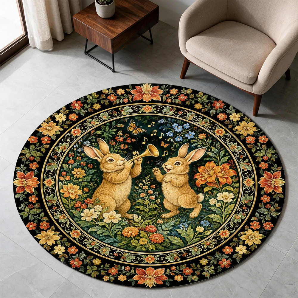 Vintage Music Scene Rabbit Playing Flute Round Area Rug Bohemian Cottage Style Nursery Decor