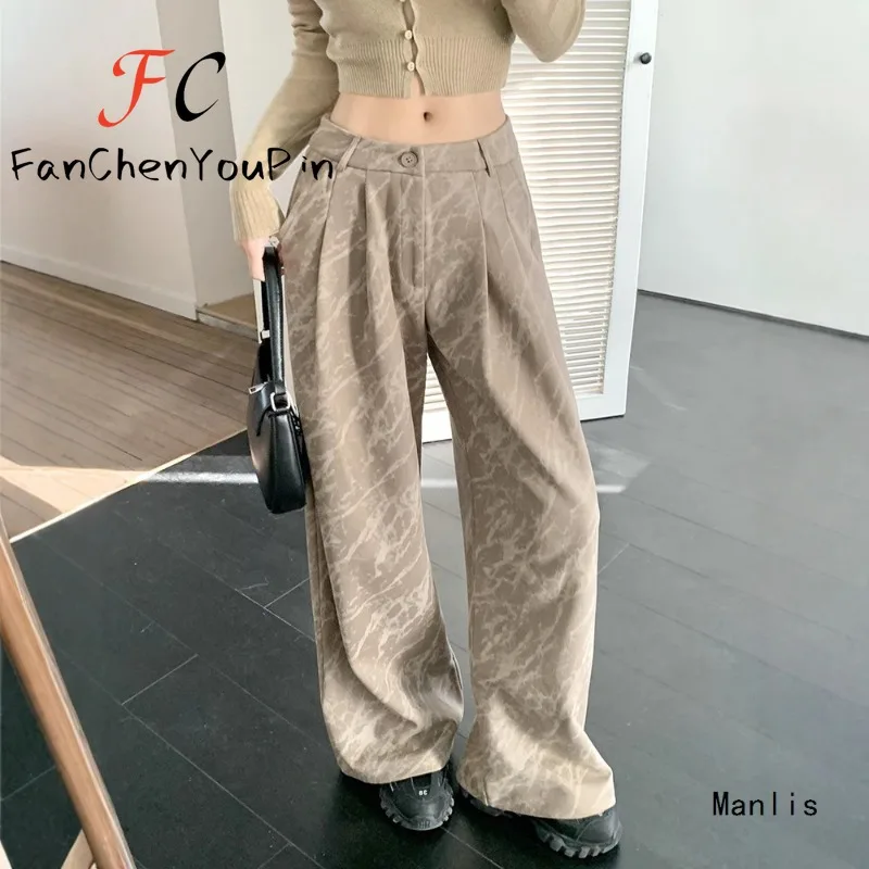 

Новые модные женские брюки, повседневные свободные плиссированные винтажные укороченные брюки, утолщенные брюки с высокой талией и широкими штанинами с принтом тай-дай