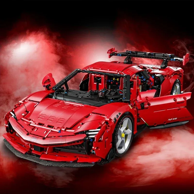 Creative static model of red SF90 sports car, high-difficulty assembly model, educational toy figurine, birthday gift
