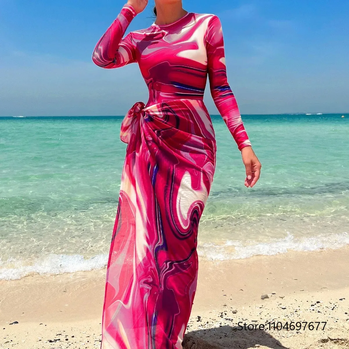 New Summer Burkini Muslim Womens Swimwear long sleeve swimsuits Red flower printed beach smock gauze swimsuits for Muslim Grils