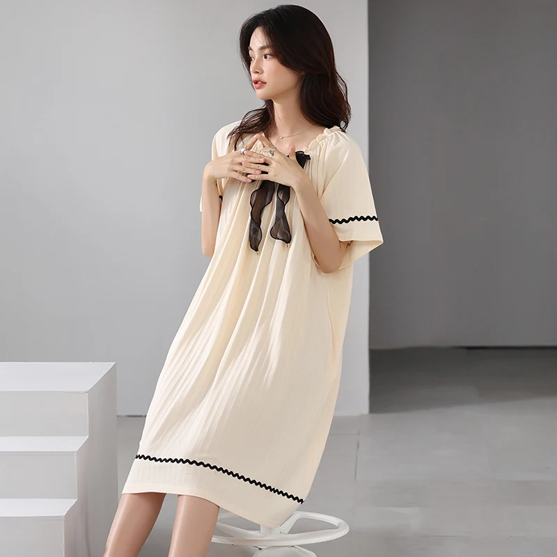 Summer 2022 pure cotton women's pajamas solid color short-sleeved five-cent dress dress can be worn outside the home clothes