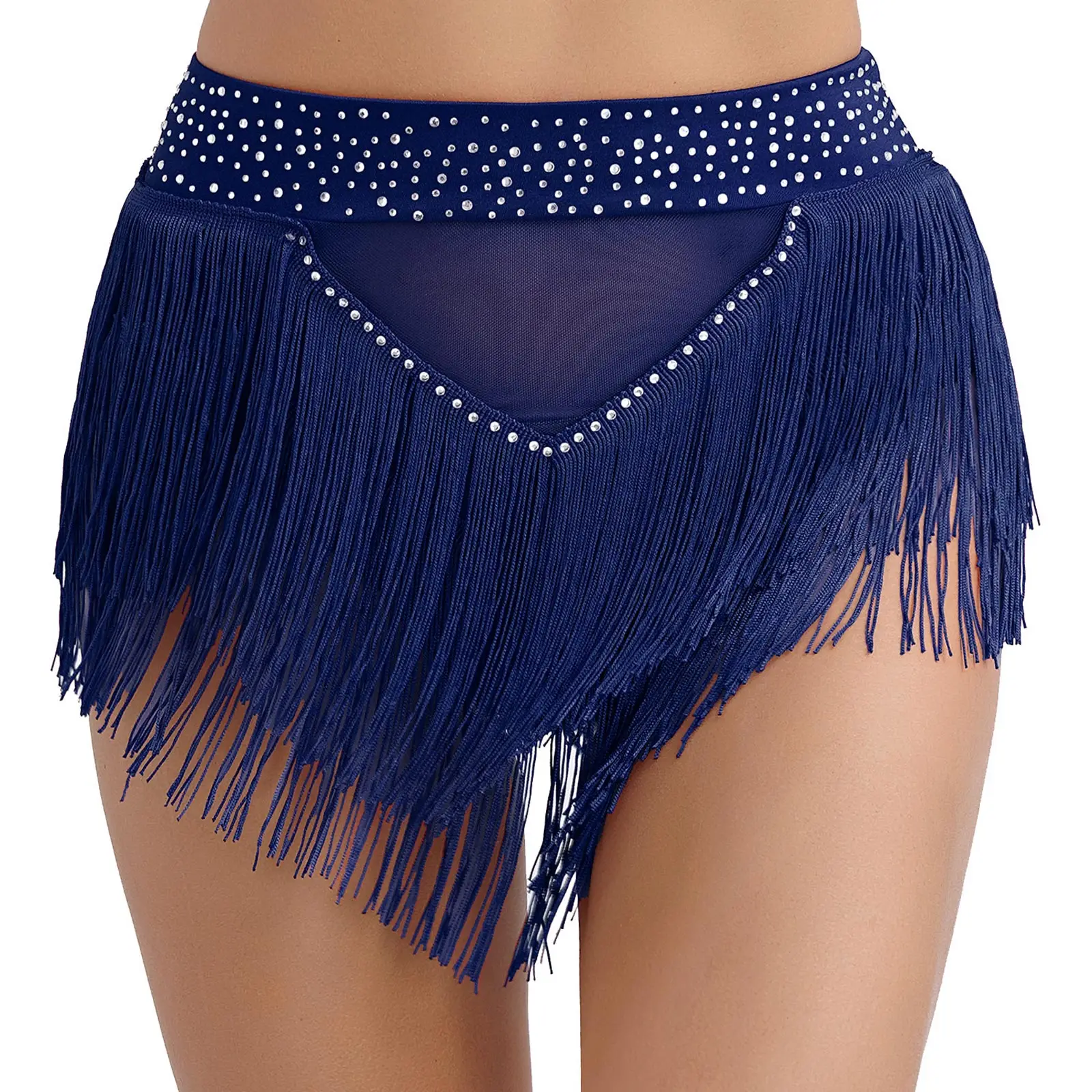 Womens Latin Belly Dance Skirt Shorts Bottoms 2024 New Shiny Rhinestone Tassel See Through Mesh Briefs Underwear Samba Dancewear