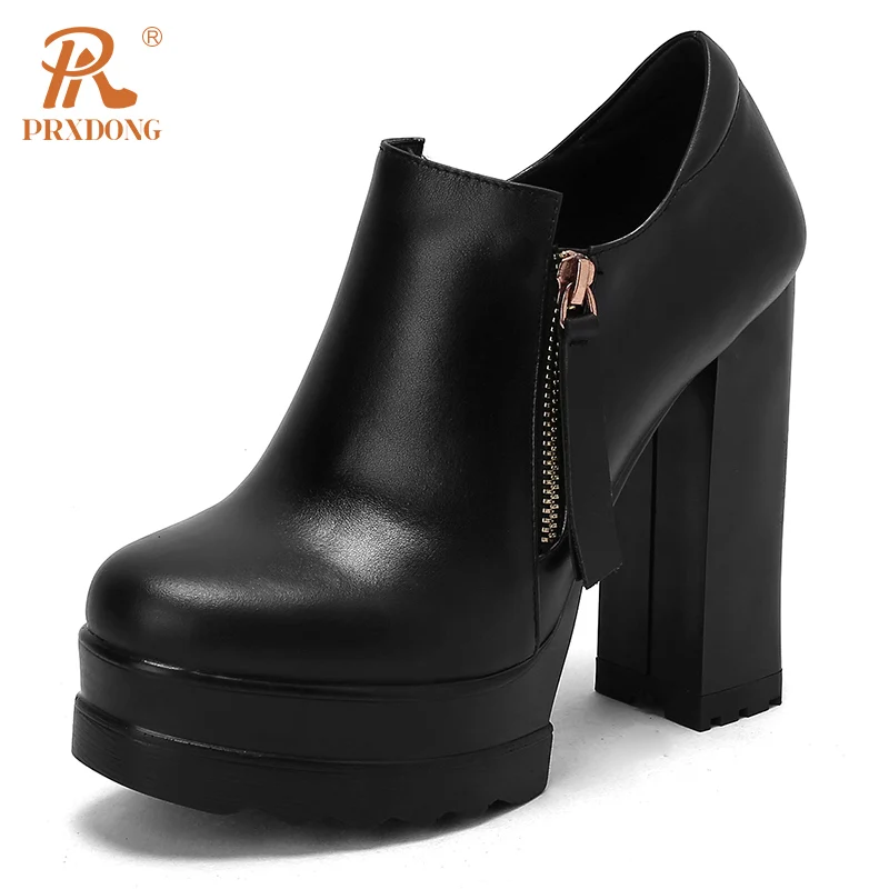 PRXDONG New Fashion Genuine Leather Spring Autumn Women Pumps High Heels Thick Platform Shoes Black Beige Dress Party Office 40