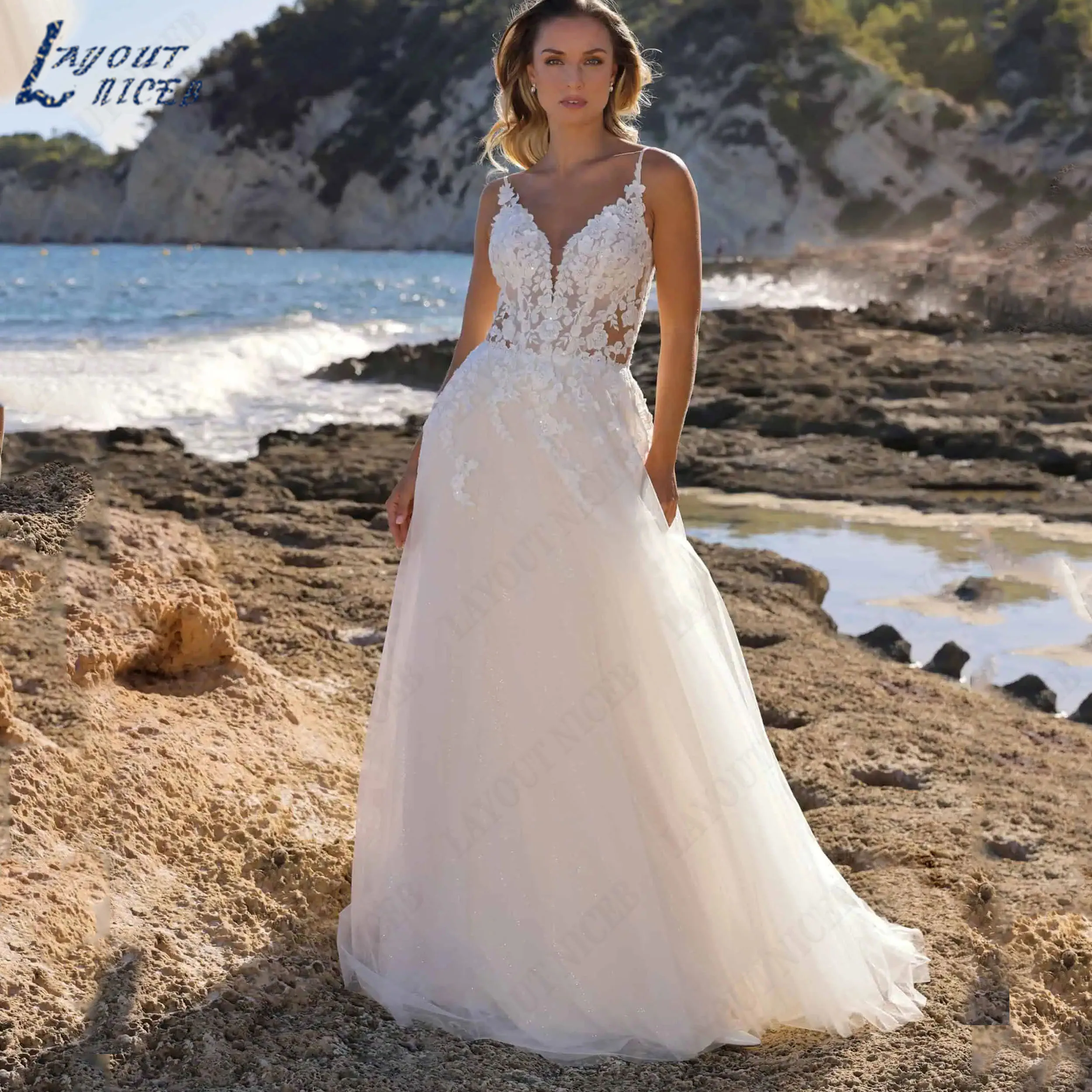 LAYOUT NICEB Customized Spaghetti Strap V Neck Floral Lace Glitter Tulle A Line Wedding Dress Low Back Train Beach Bridal Gown