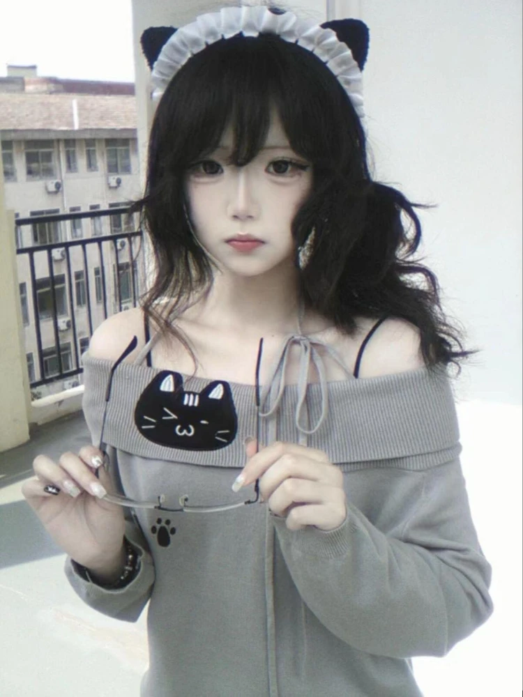 الأمريكية الرجعية لينة خارج الكتف Kawaii تي شيرت المرأة القط المطبوعة تصميم الرسن فضفاض Y2k قمة Harajuku الحلو شيك موضة الزي #5