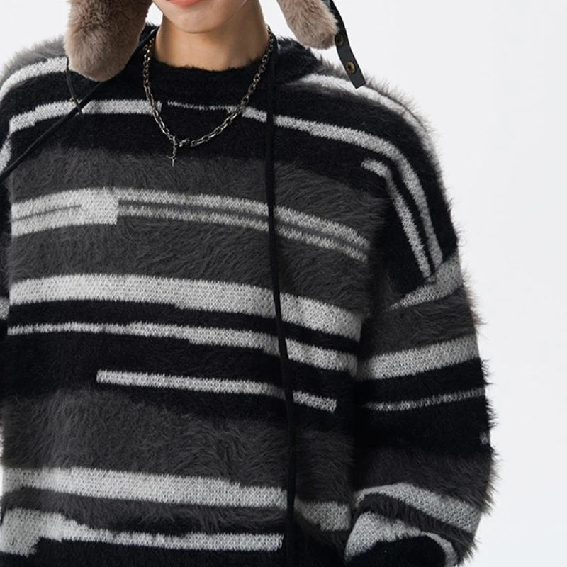 Bild 6: Herrenmode Fuzzy Gestreifter Pullover Lässiger lockerer warmer Strickpullover Top für Herbst Winter Streetwear