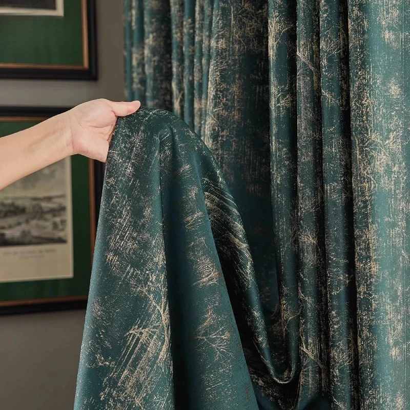 Chinese Style Landscape Gilding Jacquard Dark Green Thickened Sound Insulation Curtains for Living Room Bedroom French Window
