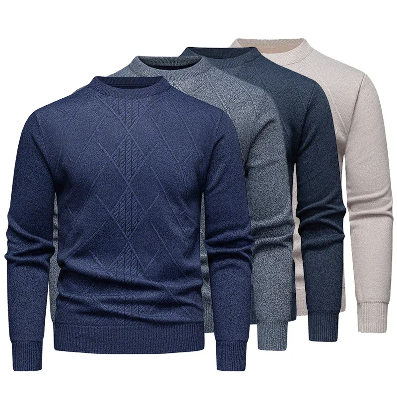 

2025 New Men's Casual Sweater Round Neck Long Sleeve Knitted Sweater Diamond Pattern Fashion Versatile Top