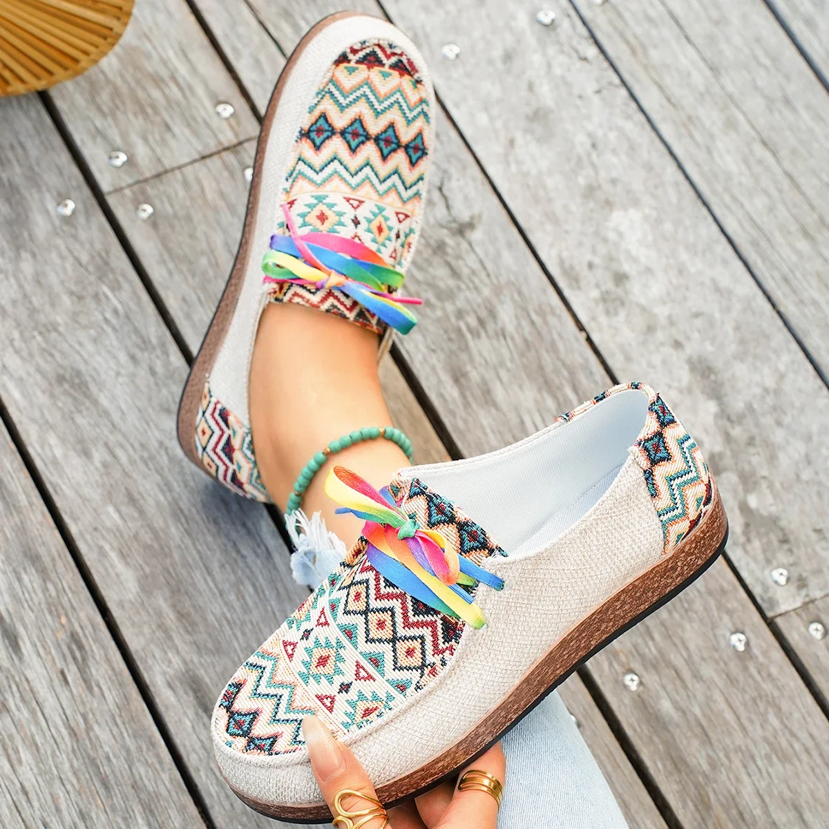 Women's Mixed colors linen Lace-Up Shoes Fashion casual sneakers Woman Comfortable lightweight Cloth flat Shoes Zapatos De Mujer - view 3