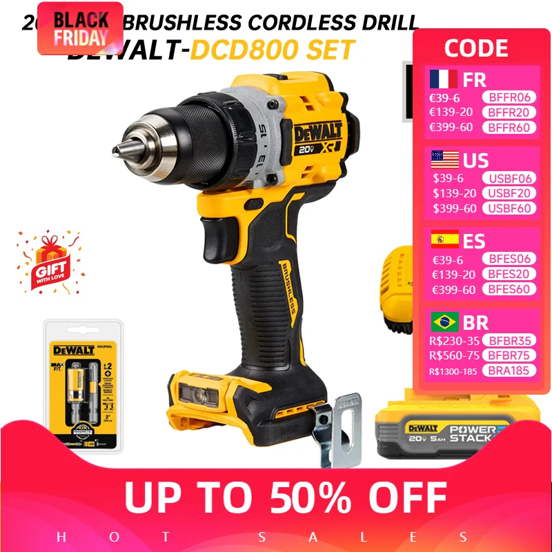 DEWALT DCD800 Cordless Drill Driver 20V Lithium Battery 2000 RPM Brushless Motor Rechargeable Drill Power Tools DCD800 SET