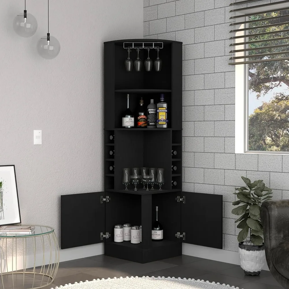 Corner Bar Cabinet with Glass Rack, Multiple Shelves, and 8 Wine Cubbies, Black Bar Storage