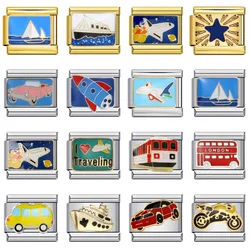 URING Travel Vehicle Car Aircraft Train Bus Cruise Ship Italian Charm Link Fit 9mm Bracelet Stainless Steel Jewelry DIY Making