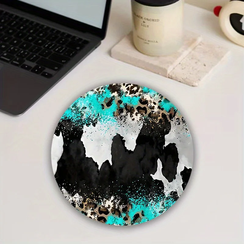 

Fashionable abstract leopard print round mousepad with anti-slip rubber base available in light blue black designs and washable