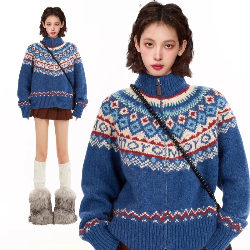 

American Harajuku Vintage Sweater Hooded Knitted Sweater Women Autumn Thick Round Neck Blue Pullover 2000s Long Sleeve Designer