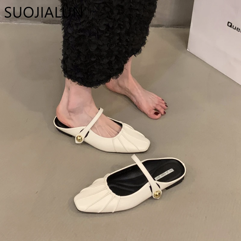 SUOJIALUN 2024 Spring New Brand Women Slipper Fashion Pleated Round Toe Slip On Mules Shoes Round Toe Outdoor Dress Sandal Shoes