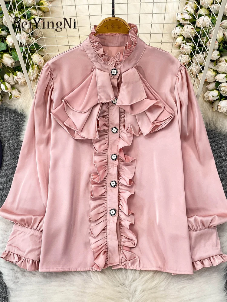 

Beiyingni Spring Fall French Satin Shirt Women Ruffles Stand Collar White Buttons Tops Ladies Elegant Casual Loose Korean Blusas