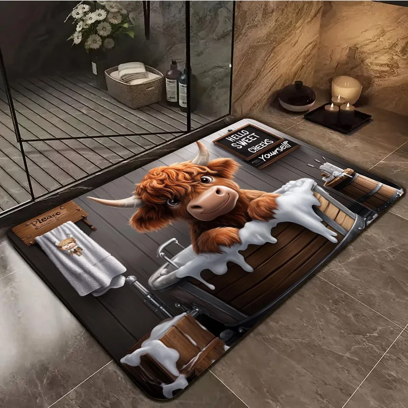VIKAMA Adorable Highland Cow Bath Mat Pattern Rug Non-slip Absorbent Bath Mat for Bathrooms Home Decor for Bathrooms