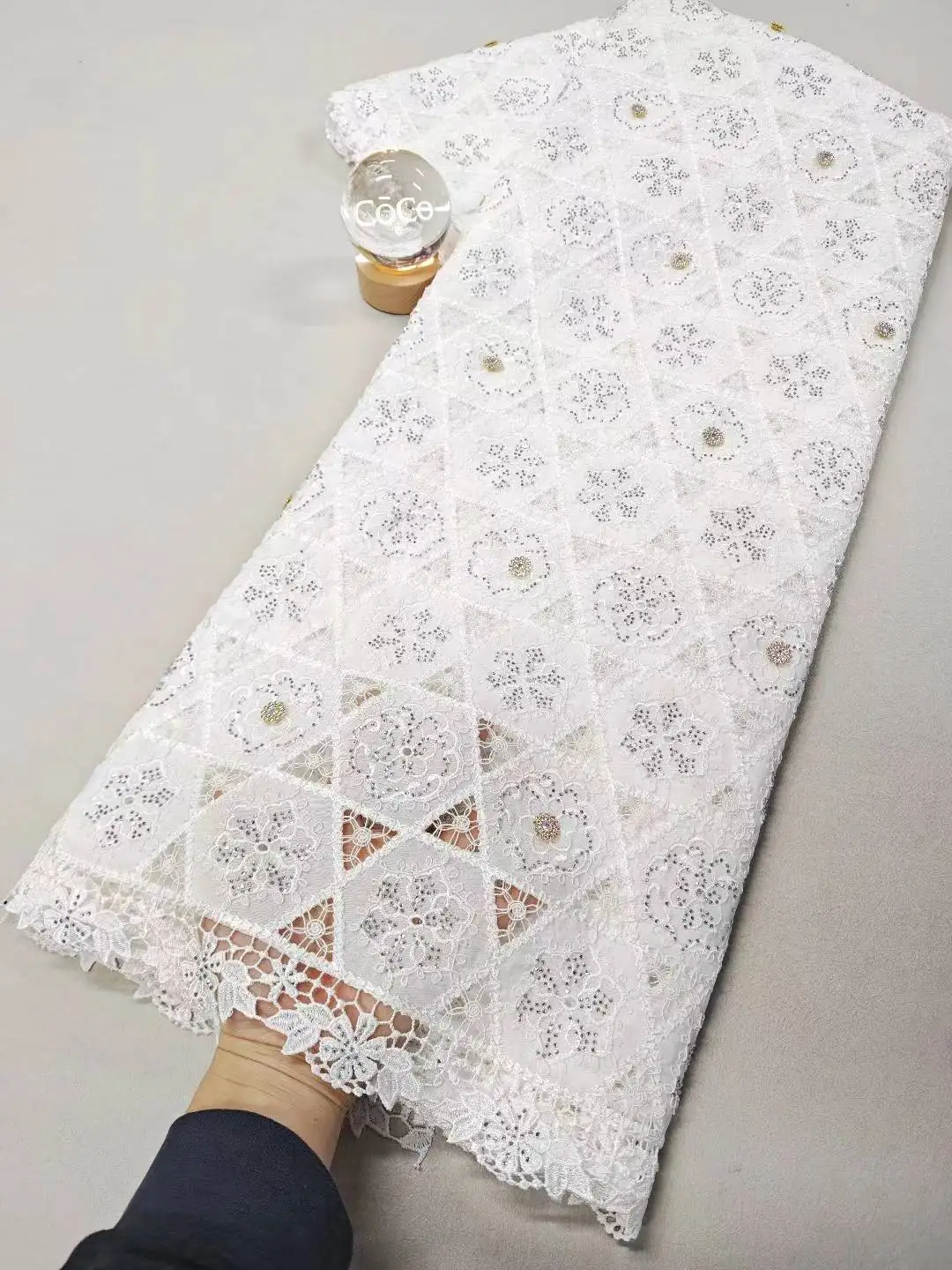 

African & Nigerian Lace Fabric Per Meter,5 Yards White Cotton Tulle Fabrics With Rhinestone, Suitable For Wedding Dresses Design