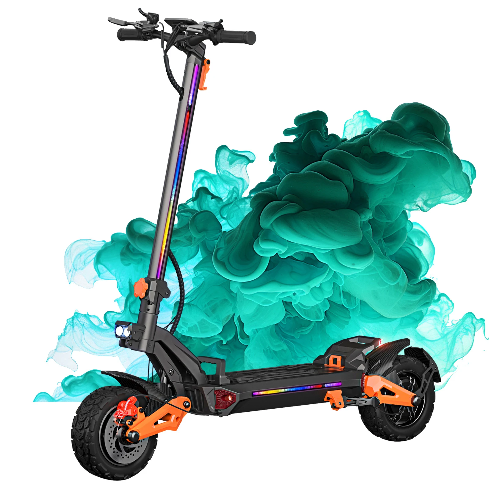 

FREEBOY Мощный двухмоторный электрический самокат для взрослых, 6000 Вт, дальность действия 50 миль, 11-дюймовые внедорожные шины, быстрый электрический самокат 37 миль в час