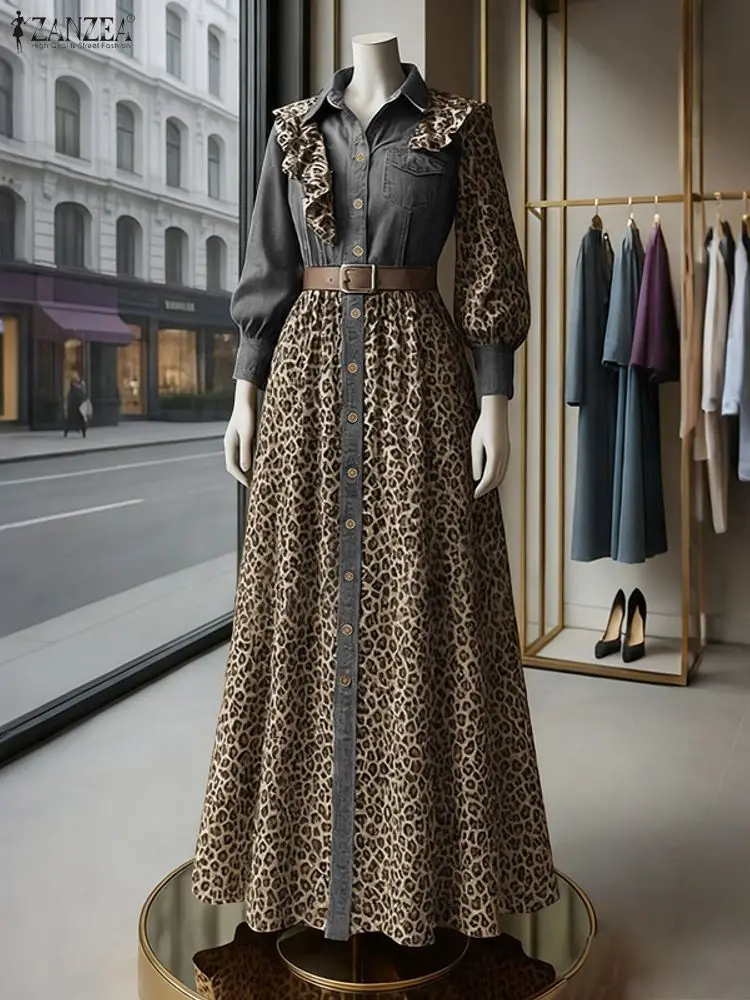 ZANZEA Fashion Women Denim Long Shirt Dress Long Sleeve Leopard Print Maxi Vestidos 2025 Patchwork Party Elegant Ruffled Robe