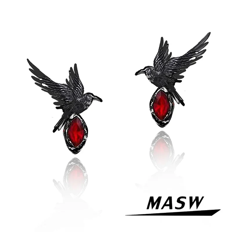 MASW Original Design Hiphop Cool Hot Girl Style Red Crystal Black Bird Stud Earrings For Women Party Gift Modern Jewelry