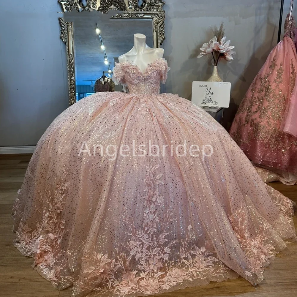 Angelsbridep Customized Luxury Off Shoulder Ball Gown Quinceanera Dresses Pink Glitter Tulle Vestidos De 15 Años Quinceañeras