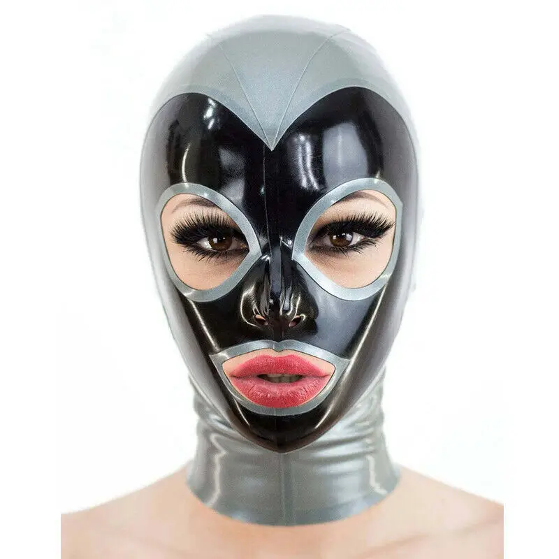 

Latex Hood Silver Stitching Black Back Zipper Open Eyes and Mouth Rubber Mask Handmade Halloween Cosplay Costumes for Women