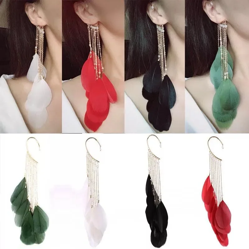 Temperament Super Fairy Exaggerated Feather Earrings Hanging Bohemian Long Tassel Earrings Feather Earring Holiday Earrings