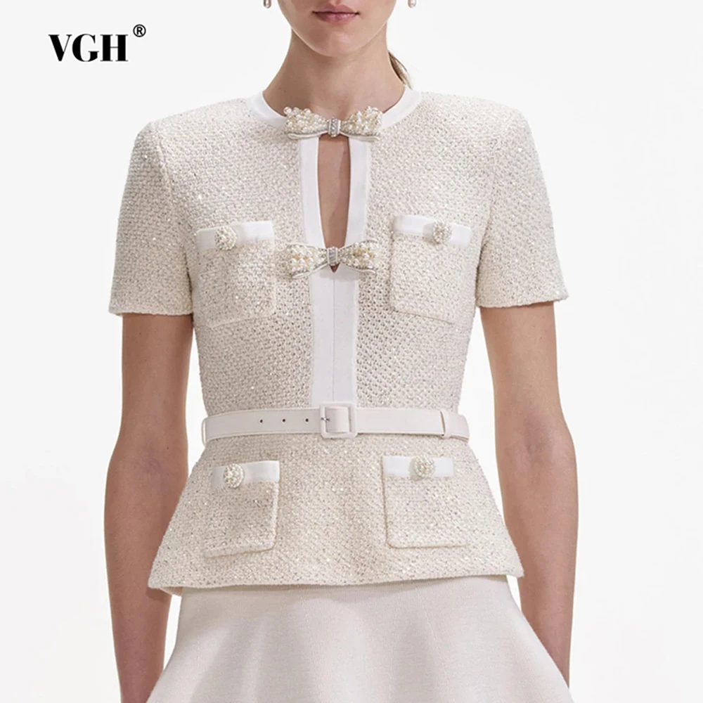 

VGH French Elegant Spliced Bowknot Slimming Solid Jackets For Women Round Neck Short Sleeve Elegant Coat Female Fashion Style