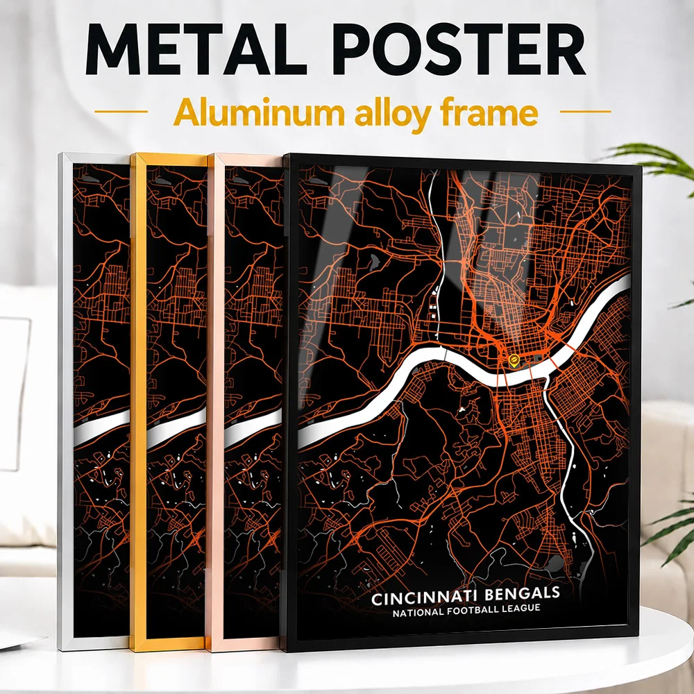Cincinnati Street Map Framed Aluminum Metal Poster Personalized Line Drawing Wall Art For Travel Agency And Office Reception