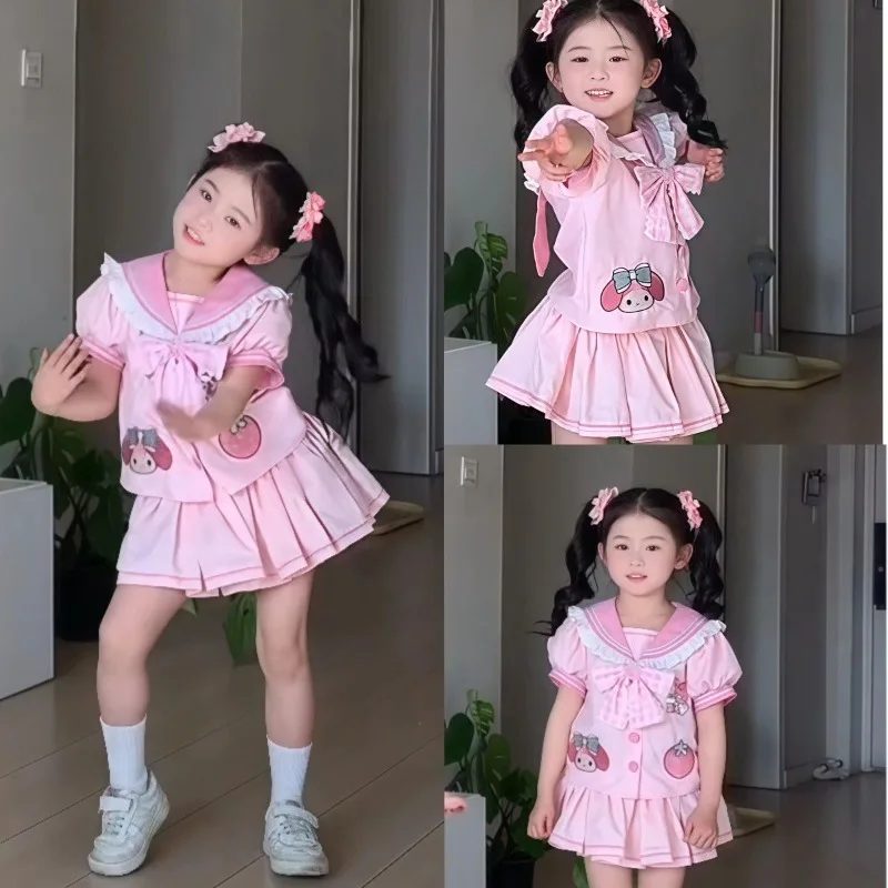 

My Melody Anime Kawaii Sanrio Ins Fashion Short Sleeve Shirt Skirt Cute Cartoon Children Two-piece Set Clothes Gifts for Kids