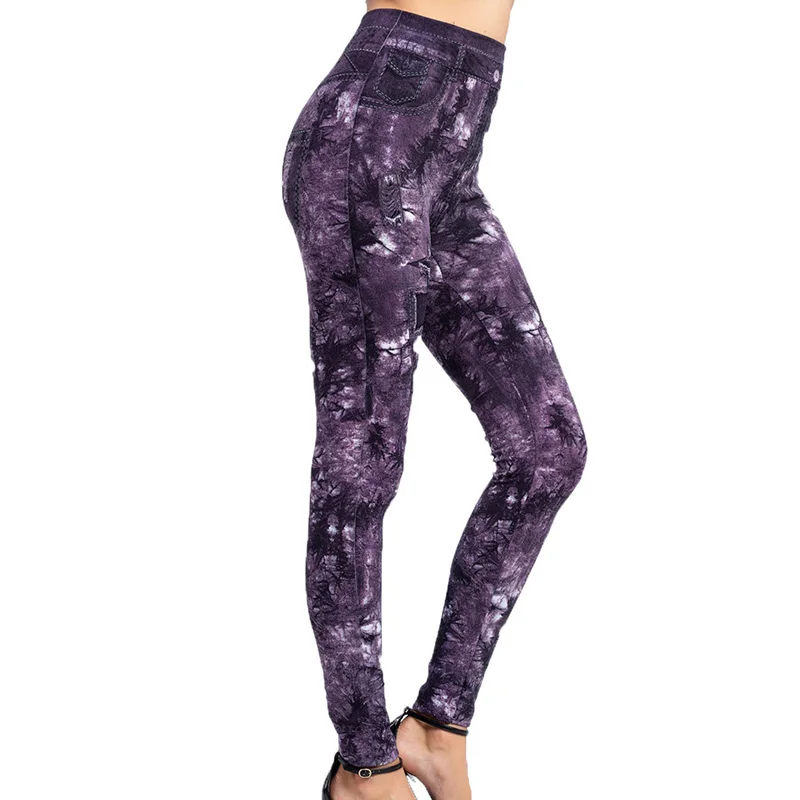 CUHAKCI-Leggings ajustados para mujer, pantalones vaqueros de imitación, elásticos de cintura alta, deportivos, para Fitness, entrenamiento, correr, Push Up, con estampado de hojas