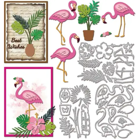 Fustelle per fenicotteri tropicali Foglie di fiori in metallo Fustellate Modelli di goffratura per taglio di vasi di ibisco per artigianato Scrapbooking