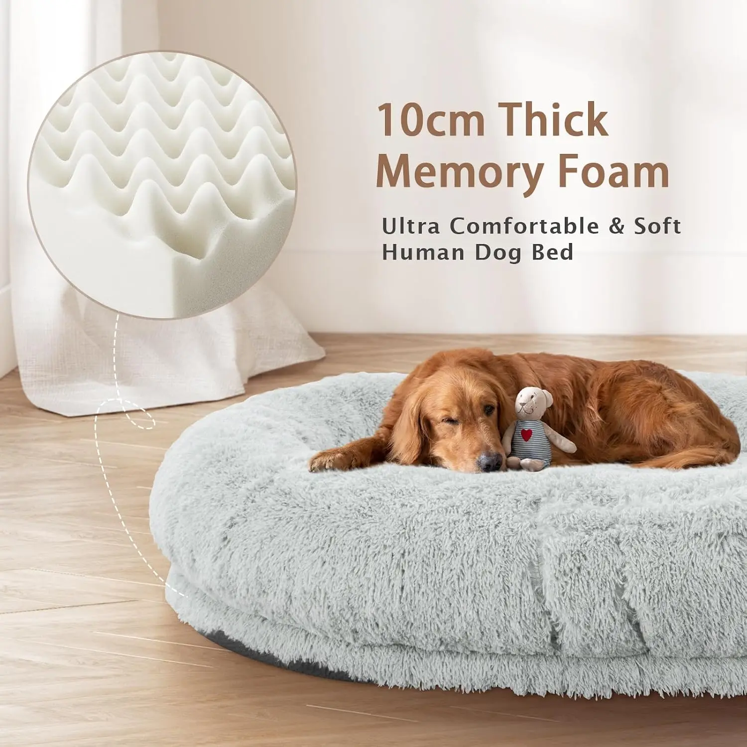 Oversize Human Dog Bed 71x45x12 Inch with 10cm Memory Foam, Washable Plush Cover, Non-Slip Bottom, Includes Pillow Blanket Strap
