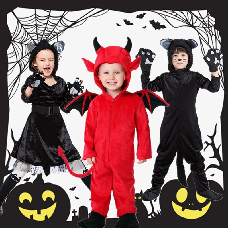 

Halloween Cartoon Animal Black Onesie Dance Children Cute Little Devil Bat Costume Performance Outfit Polyester F...