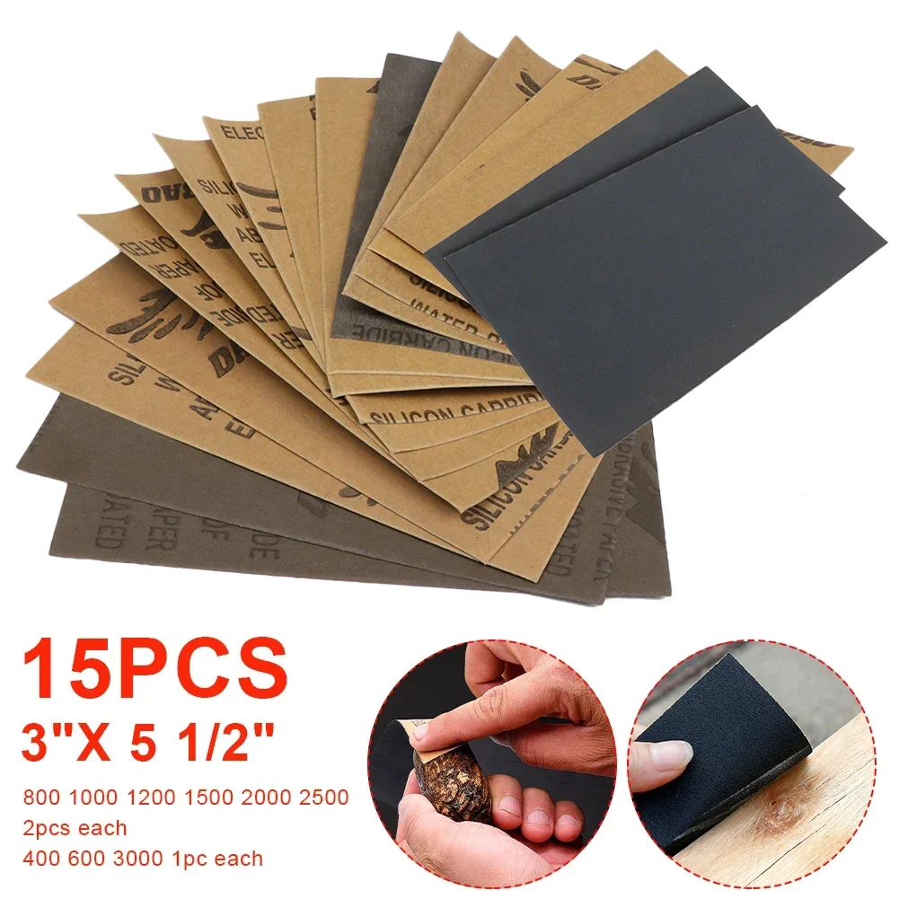 Juego de papel de lija húmedo/seco de 15 piezas, papel de lija abrasivo de grano 400-3000 para pulir madera, metal, coches y reparación de muebles