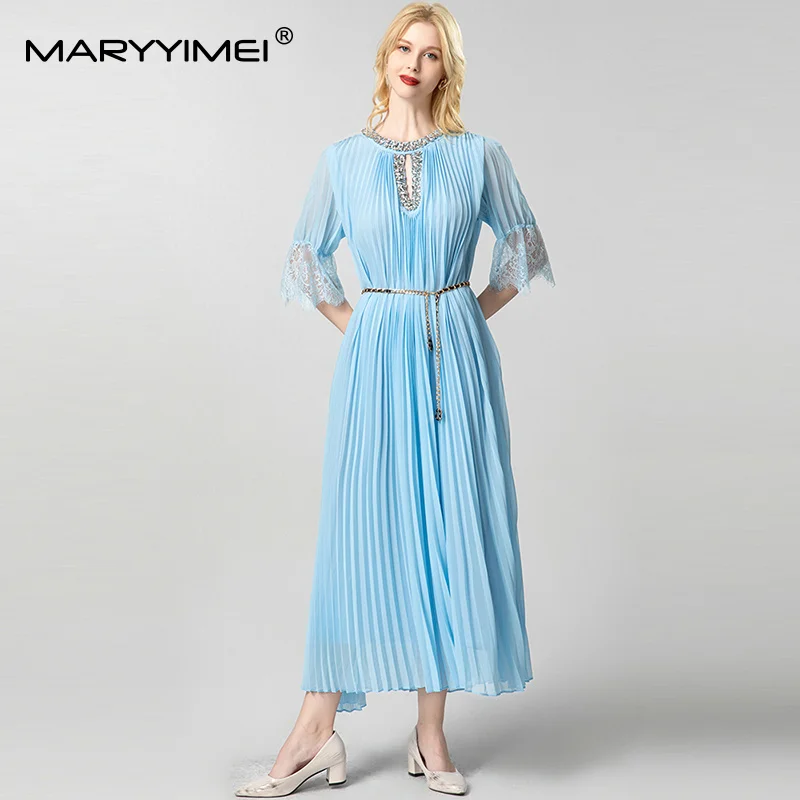 

MARYYIMEI High Quality Half Sleeved O-neck Diamond Studded Hollow Out Loose Maxi Dresses Pleated Clothes