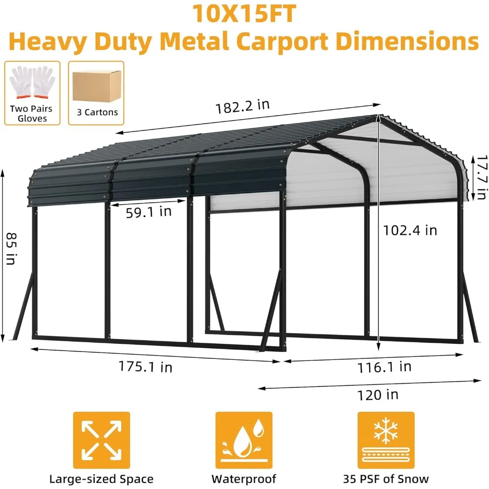 10 x 15 FT Metal Carport with Galvanized Steel Roof, Heavy Duty Metal Roof Carport with Enhanced Base, Tall Metal Carport Kits