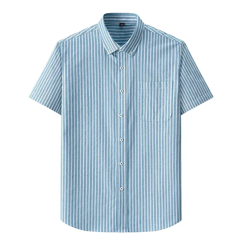 Short Sleeves Oxford Shirts Men 100% Cotton Business Striped Shirts for Man Casual Slim-fit Tops Men