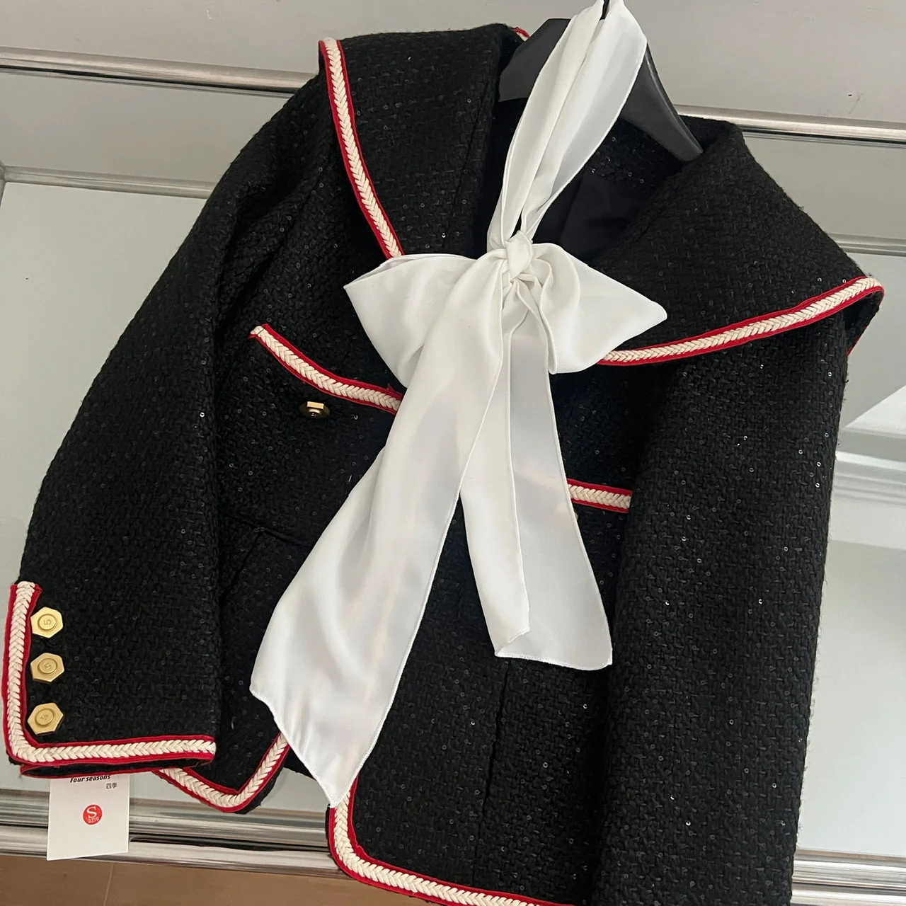 Cute Temperament Doll Commute Warm CoatBlack Chic Tie Bow Sense Of Design Patchwork Jacket