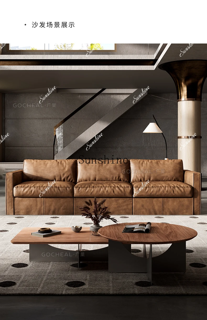 

Italian retro style simple tofu block living room three-person straight row sofa FT