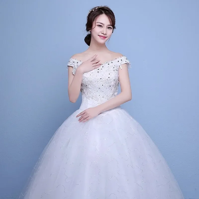 Robe de Mariée en Dentelle Blanche avec Perles et Paillettes, Tenue de Princesse Bling, Longueur au Sol, Grande Taille, Simple, Peu importe XN031