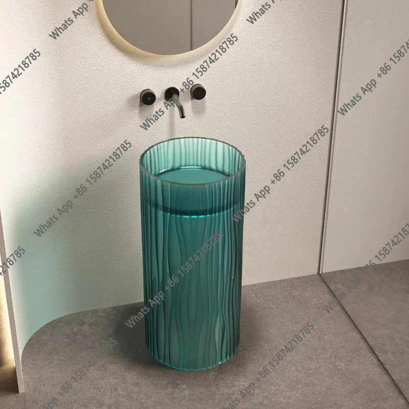 

Corrugated art transparent round washbasin integrated floor type colored crystal resin column basin