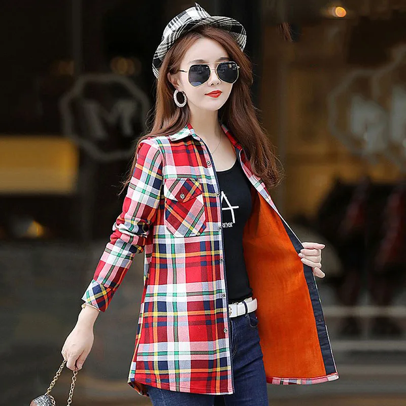 2023 Winter Plaid Shirt Women Warm Long Korean Version Of the New Elastic Slim Fleece Middle-aged Thick Coat Women