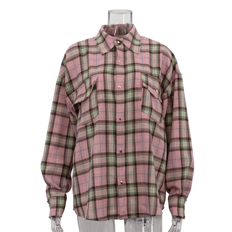 Damen Casual Vielseitiges Kariertes Hemd Herbst Retro Elegantes Revers Lose Strickjacke Top Rosa Bedruckte Langarm-Einzelknopfbluse