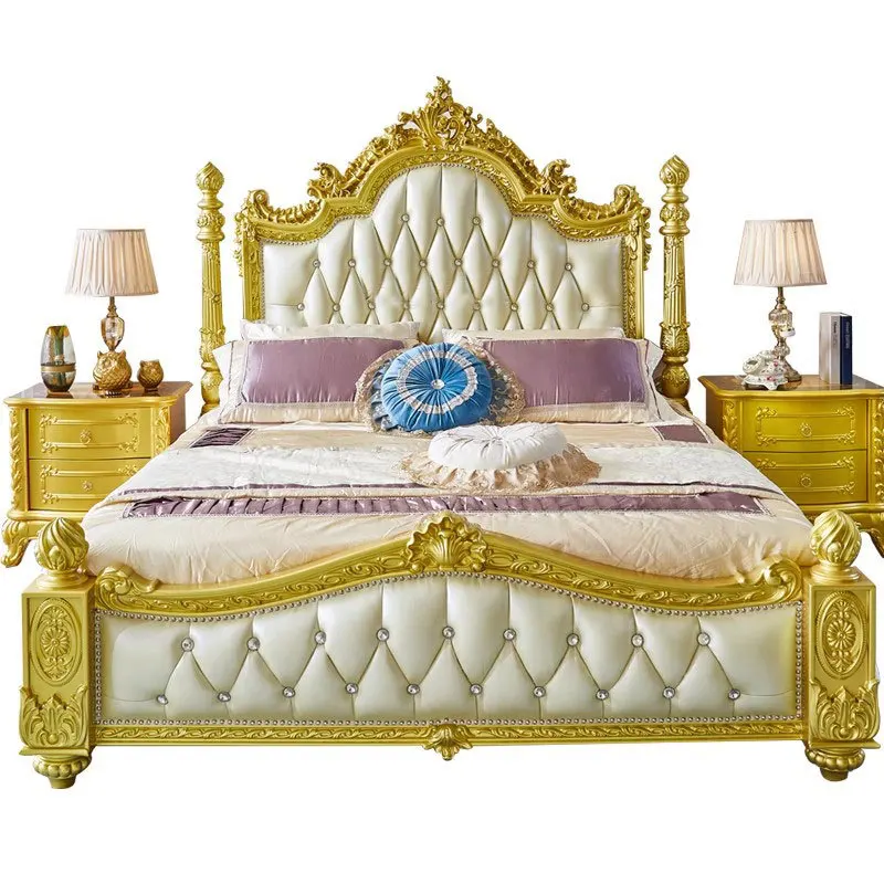 

French bed solid wood leather 1.8 meters double bed villa master bedroom European style
