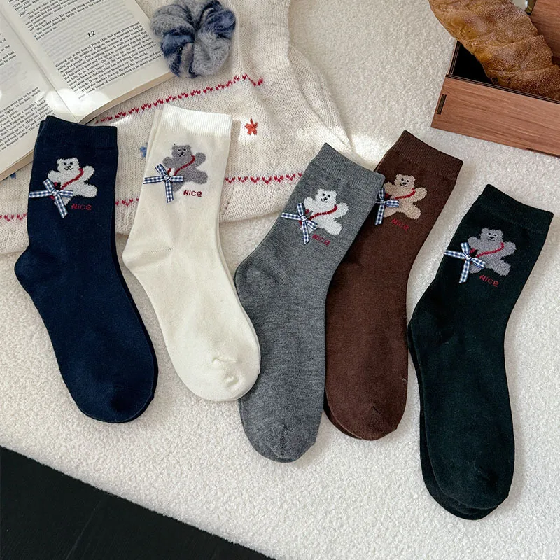 1/5 Pairs Retro Sweet Checkered Bow Cashmere Socks Children in Winter Thick and Warm Cartoon Plush Bear Medium Tube Long Socks
